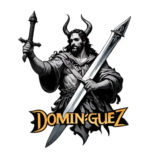 Sagitarius Holding A Sword Tattoo With The Words Dominguez