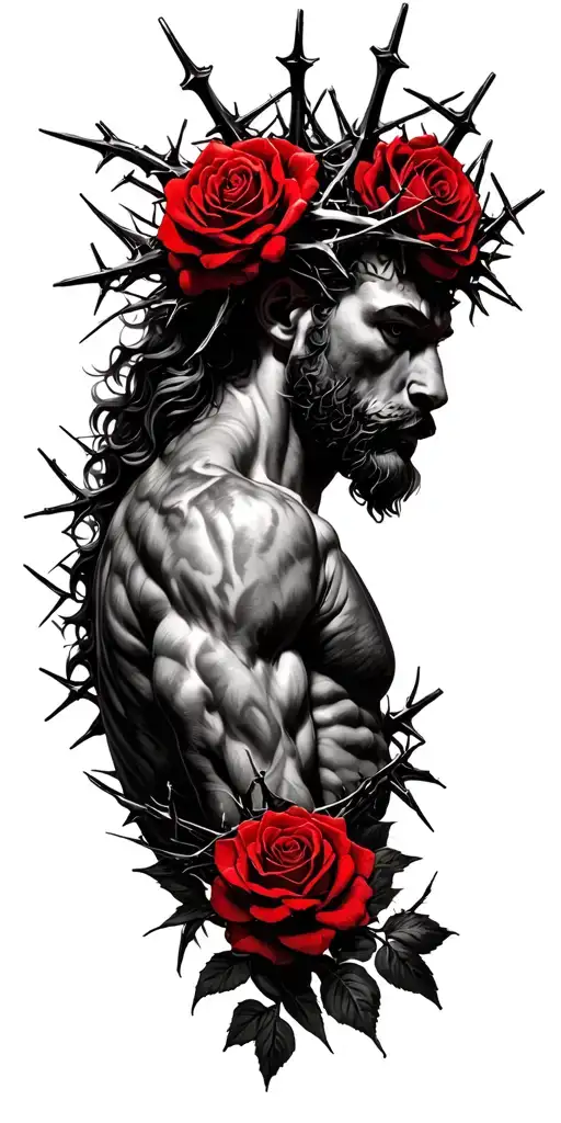 Leon With Crown Of Thorns And Roses Vermelhas