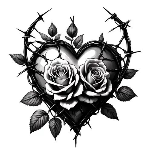 Barbed Wire Heart With Roses Growing