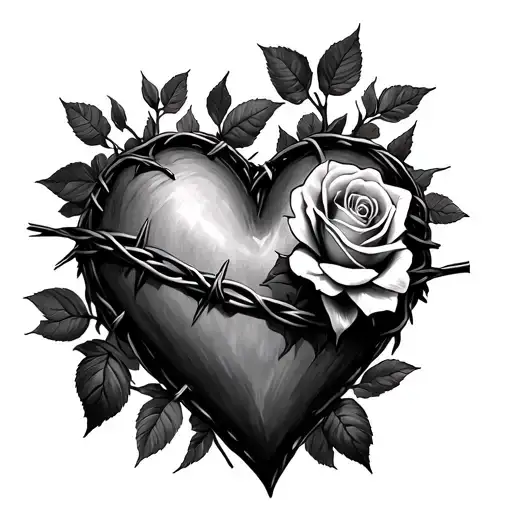 Barbed Wire Heart With Roses Growing Side