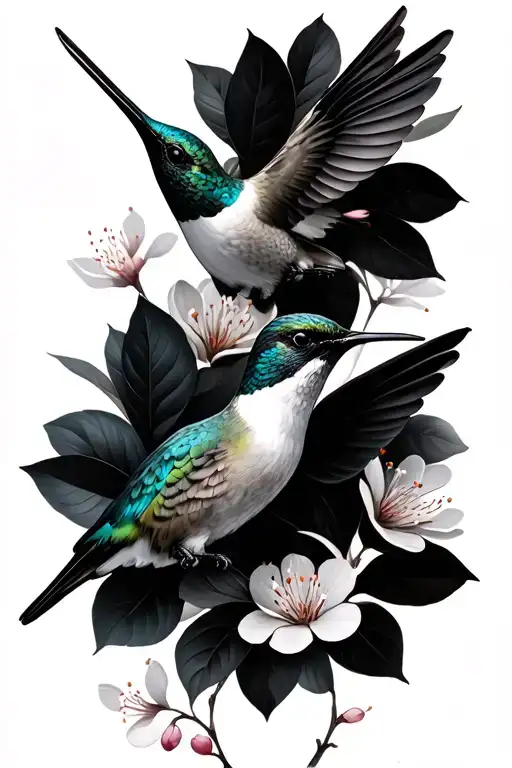 2 Hummingbirds With Cherry Blossoms