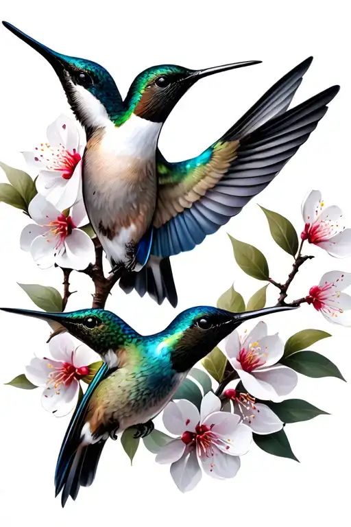 2 Hummingbirds With Cherry Blossom Branch