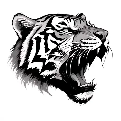 Tigers Head With A Woman Emerging From Its Mouth Wide Open