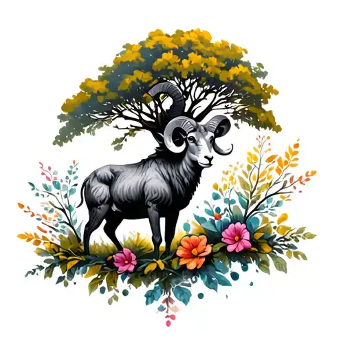 Ram With Flowers And A Tree Growing