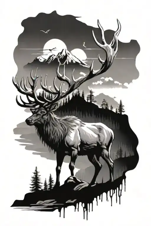Dying Elk With Tree And Mountains All In A Post Apocalyptic Landscape