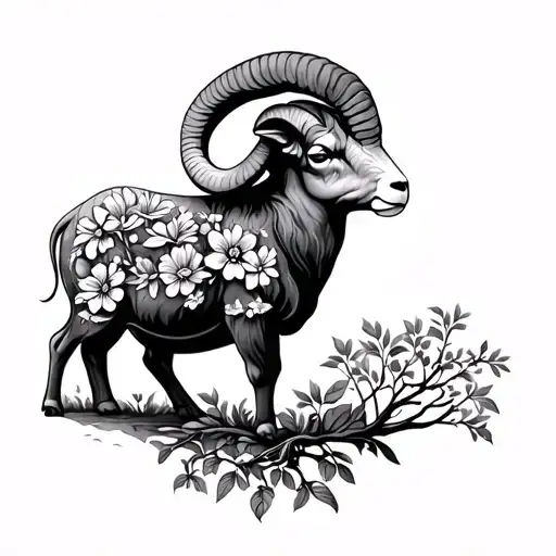 Ram With Flowers And A Tree Growing