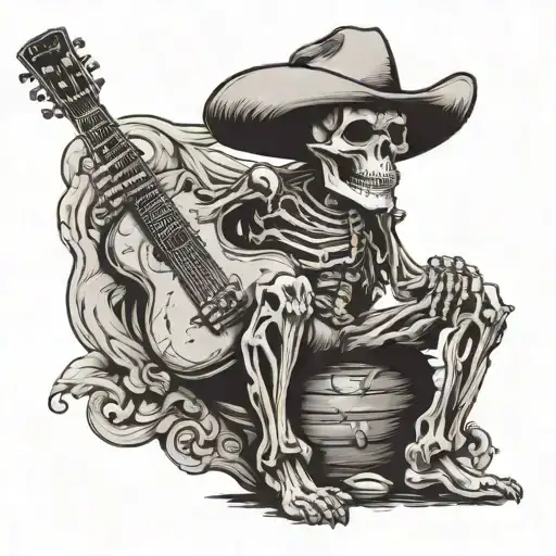 Skeleton Playing Guitar With Cowboy Hat And Shirt Standing