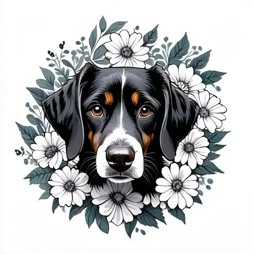 Hound Dog With Flowers Surrounding