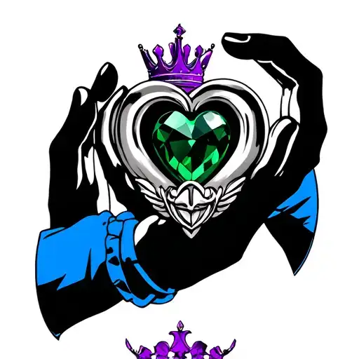 Claddagh Emerald Heart Crowned With Purple Crown And Held By Hands With Blue Sleeves