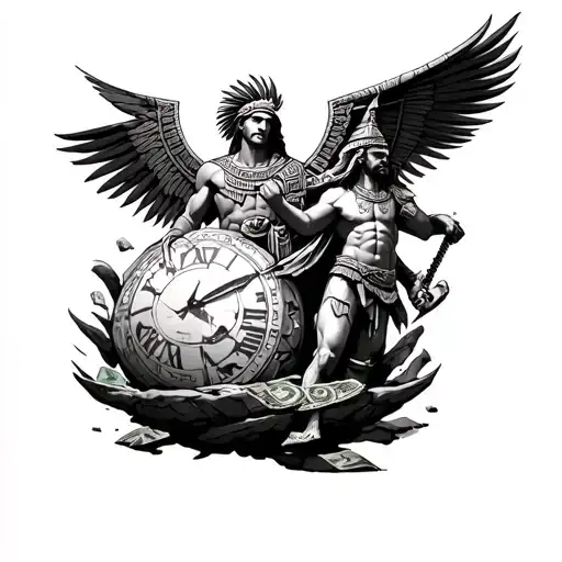 Half Greek God And Half Aztec Warrior On A Sphere Of Time And Money