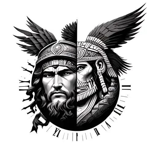 Half The Face Of Greek God And Half The Face Of Aztec Warrior On A Sphere Of Time And World