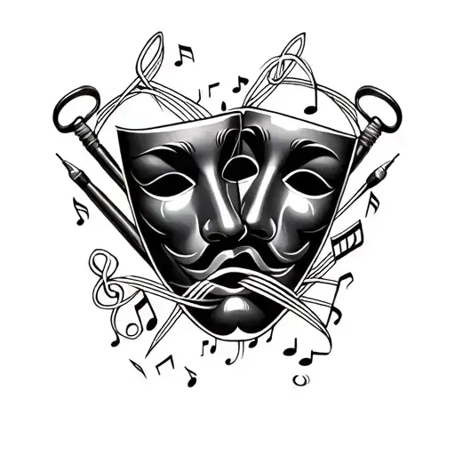 Theatre Masks Tattoo With Music Notes And Crochet Hooks