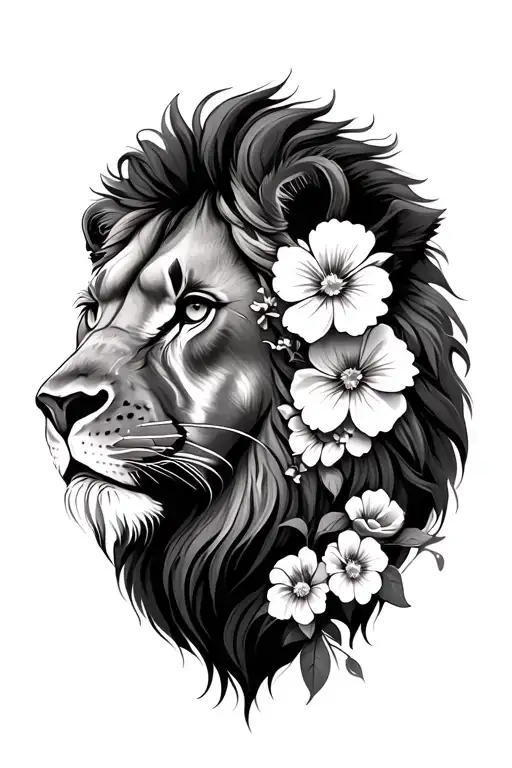 Lion With Flowers On Side Of Face