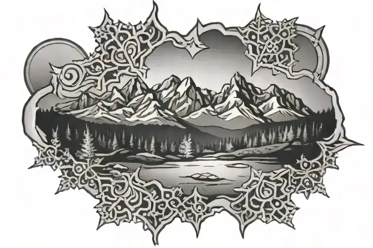 Nordic Snowflake Over Mountain Landscape