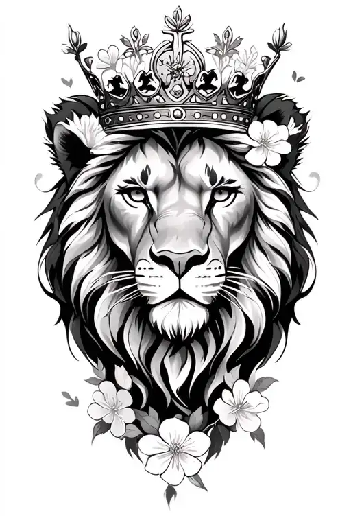 Crowned Lion Face With Flowers Cherry Blossoms