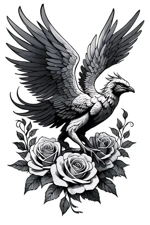 Phoenix With One Wing And Long Tail With Roses Behind