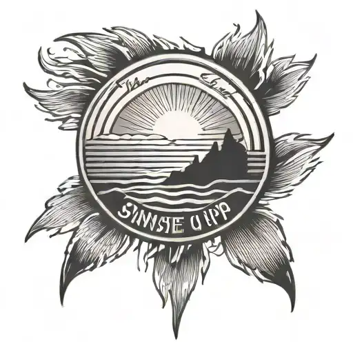 A Minimal Black Tatoo Design Of Sunrise Integrated With Never Giving Up With A Small Text Under It