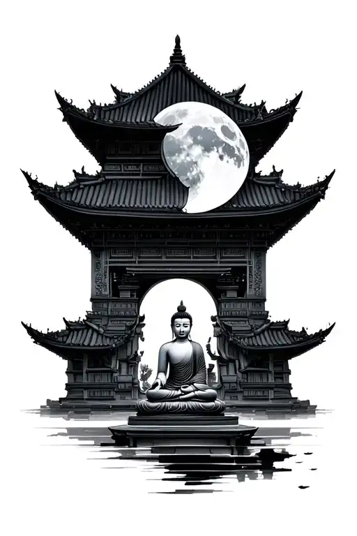 Pagoda Temple With Moon And Buddha Sitting Side