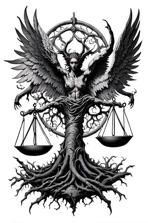Demonic Libra Scales Intertwined With The Tree Of Life Has Angel And Demons In The Scales