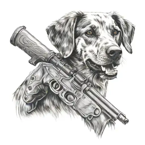 A Detailed Portrait Of A Loyal Hunting Dog With A Shotgun In The Background