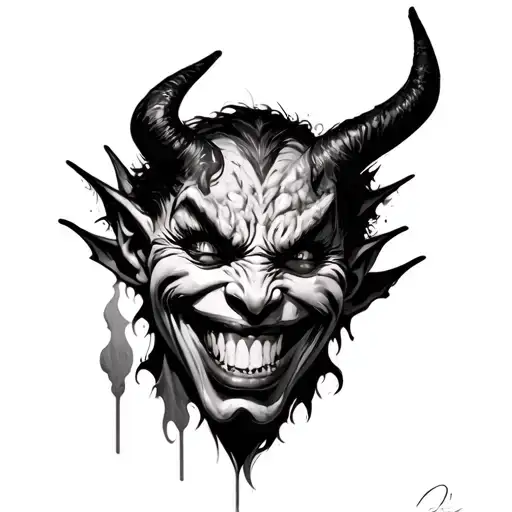 A Demon Face Trying To Transform Into Someone Smiling And Happy