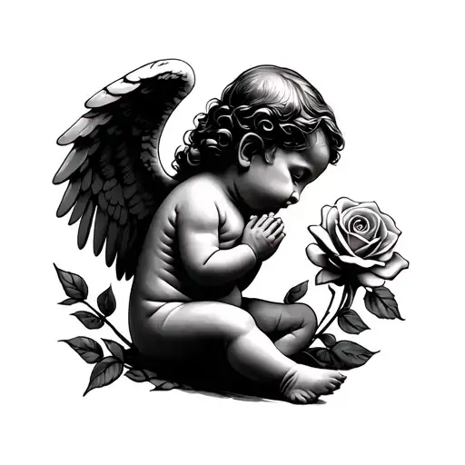 An Angel Baby Praying With A Rose And Flashes