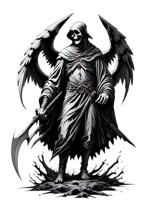 Wood Etched Grim Reaper With 12 Wings And Holding A Sharp Scythe
