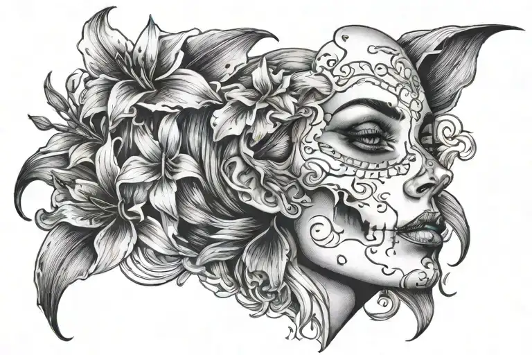 Womans Face Half Skull Some Clevage Showing With Lillies Around Her