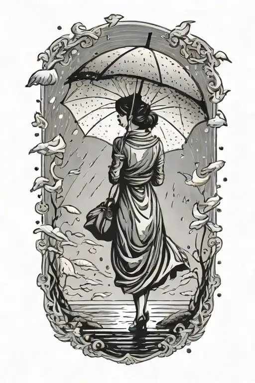 Woman Silhouette With An Umbrella Getting Rained