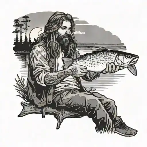 A Man In His Late 20S With Long Hair Fishing In The Wilderness With A Sunset