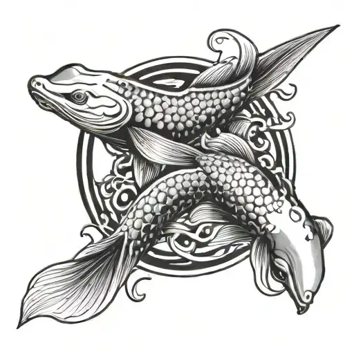 Brushstroke Koi Yin And Yang With Manta Ray And Octopus