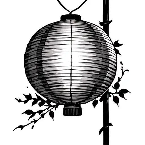 Japanese Paper Lantern Hanging Off A Stick With The Lantern Lit