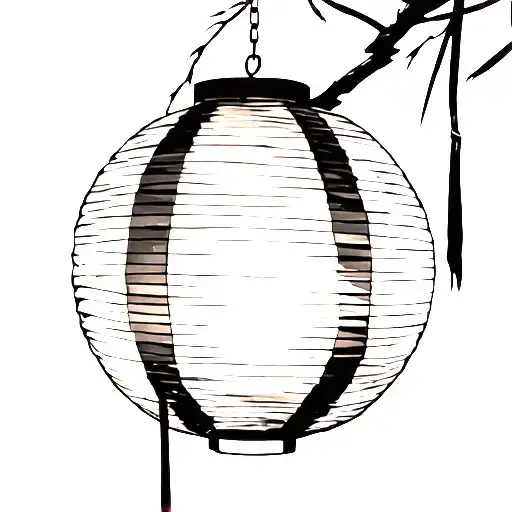 Japanese Paper Lantern Hanging Off A Stick With The Lantern Lit In Colour