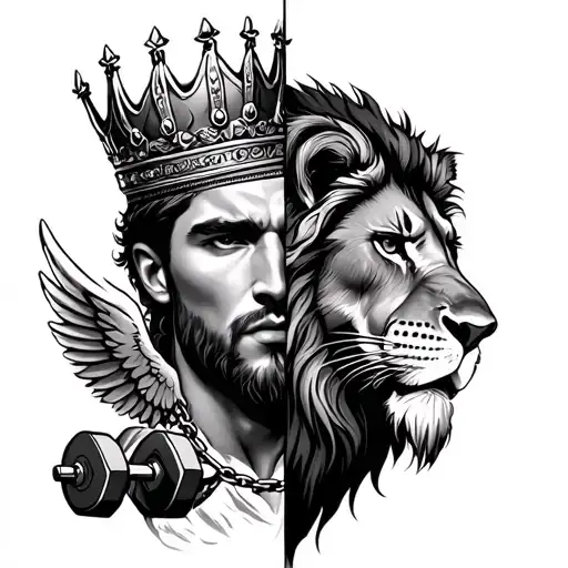 Half Face Of Man And Half Face Of Lion Wearing Crown And Add Wings And Dumbell And Chains