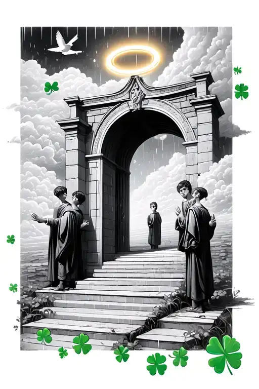Heaven Gates Opening With Steps 3 Boys Raining 4 Leaf Clovers Halo Above One's Head Clouds And Birds