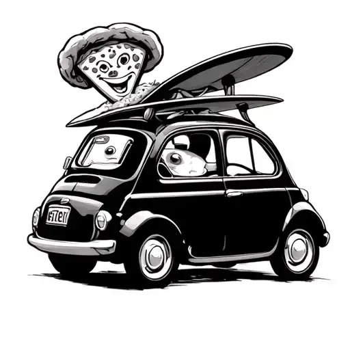 Giuseppe Pizza Mascot Driving A Fiat 500 With A Surfboard Attached To The Top Of The Car