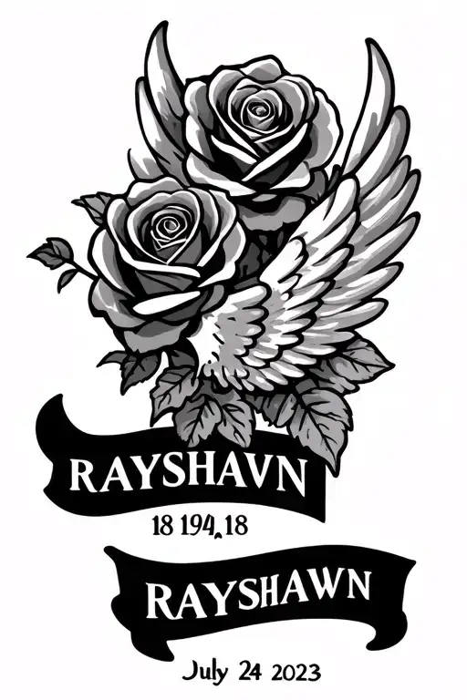 Tattoo With The Name Rayshawn With Roses And Wings And The Dates August 18 1996 - July 24 2023