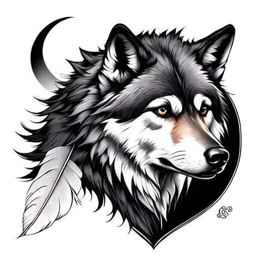 A Feather With A Wolf And Crescent Moon