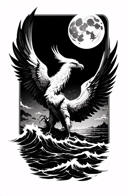 Ocean Scene At Night With Phoenix In Front Of Moon