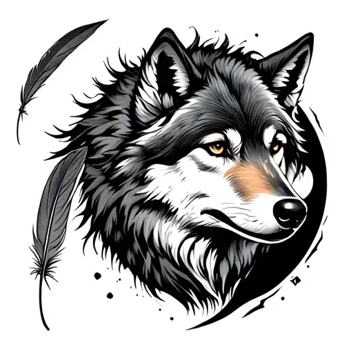 A Feather With A Wolf And Crescent Moon