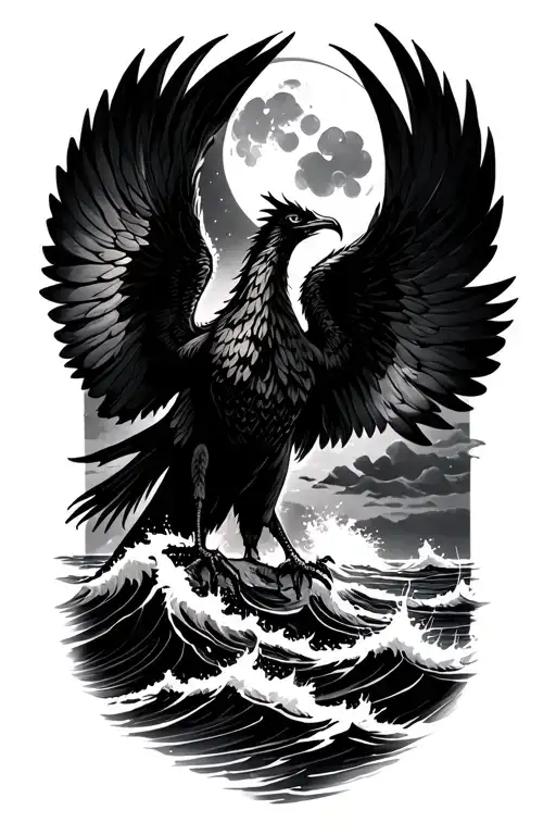 Ocean Scene At Night With Phoenix Outline In Front Of Moon