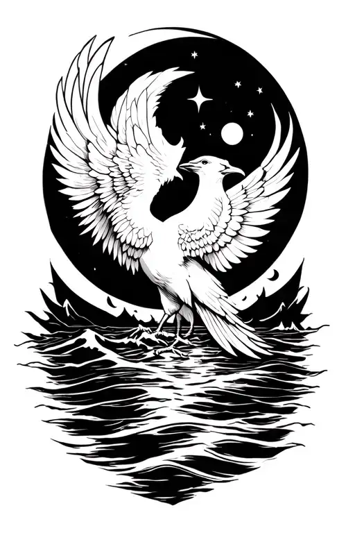 Ocean Scene At Night With Small Phoenix Outline In Front Of Moon