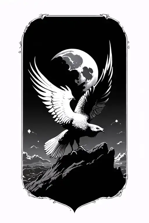 Small Phoenix Flying In The Distance In Front Of Moon