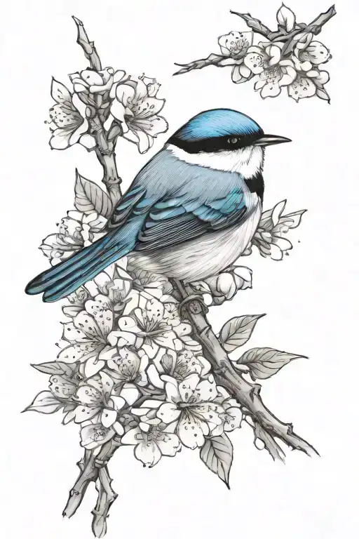 Superb Fairy-wren With 6 Cherry Blossom Flowers