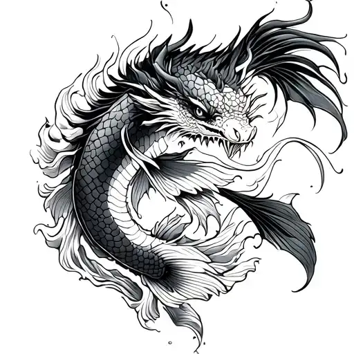 Dragon Turning Into A Koi Fish In A Japanese Style With Traditional Japanese Waves
