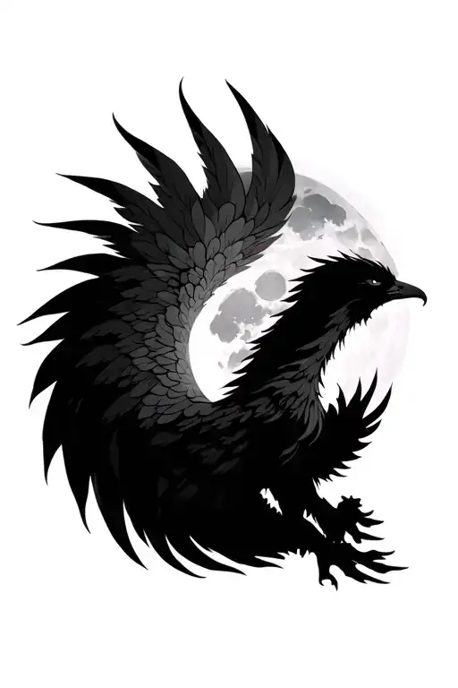 Outline Of Phoenix In Front Of Distant Moon