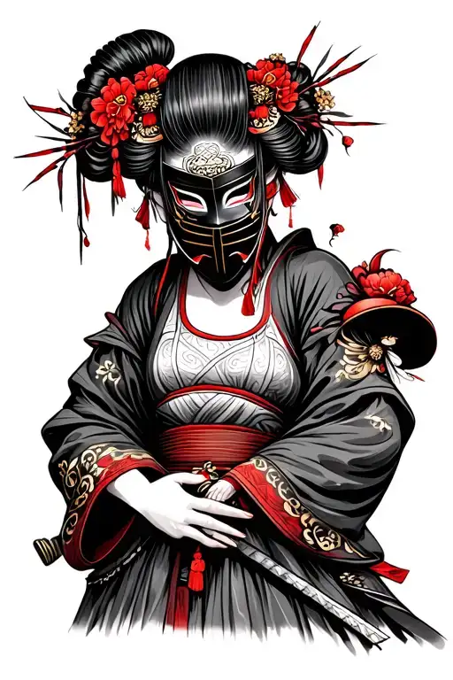 Geisha Holding A Dying Samurai Wit A Half Mask