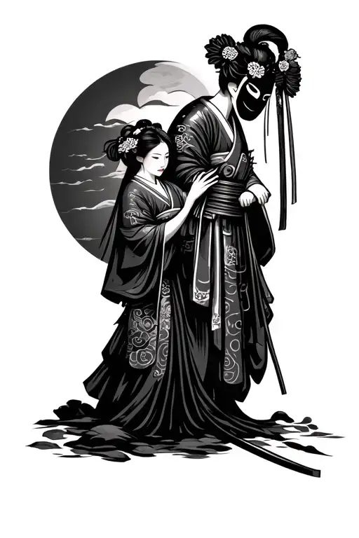 Geisha Holding A Dying Samurai That Wears A Half Mask