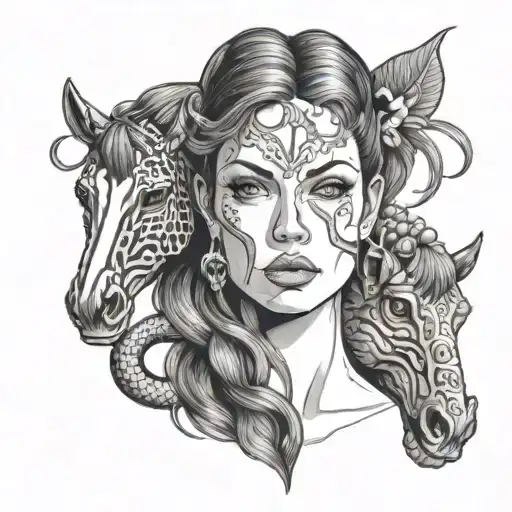 Front View Of A Woman's Face Carrying A Snake And A Horse