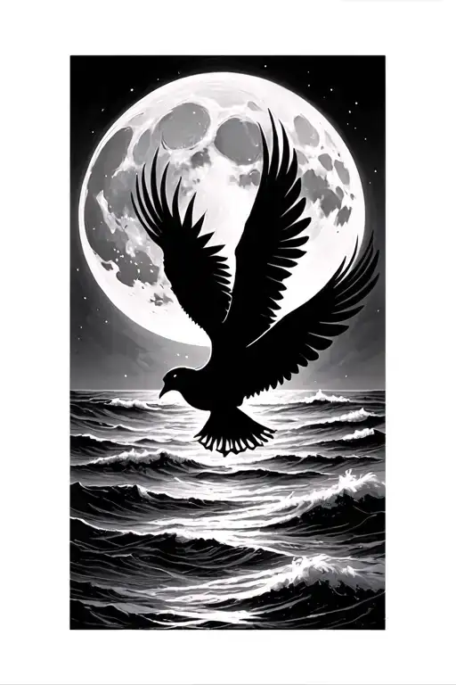 Silhouette Of Small Phoenix Flying In Front Of Moon Over The Ocean